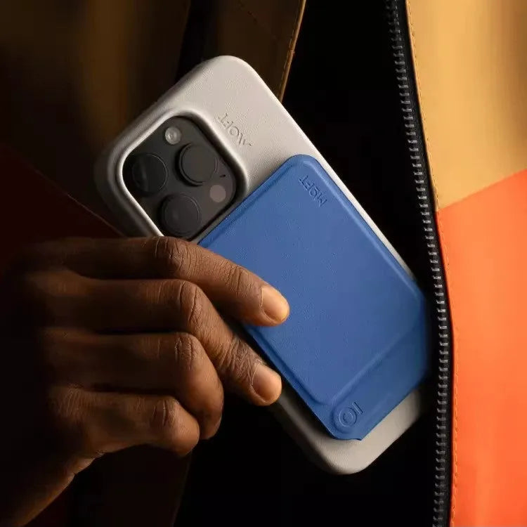 Black magnetic leather phone case with integrated stand, showing side profile and colour options.