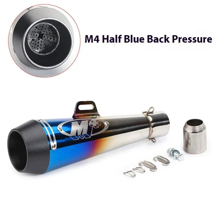 Universal M4 motorcycle exhaust pipe in multiple finish options including black, white steel, titanium and blue