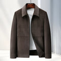 Men's slim fit lapel casual coat in black, shown on a model.