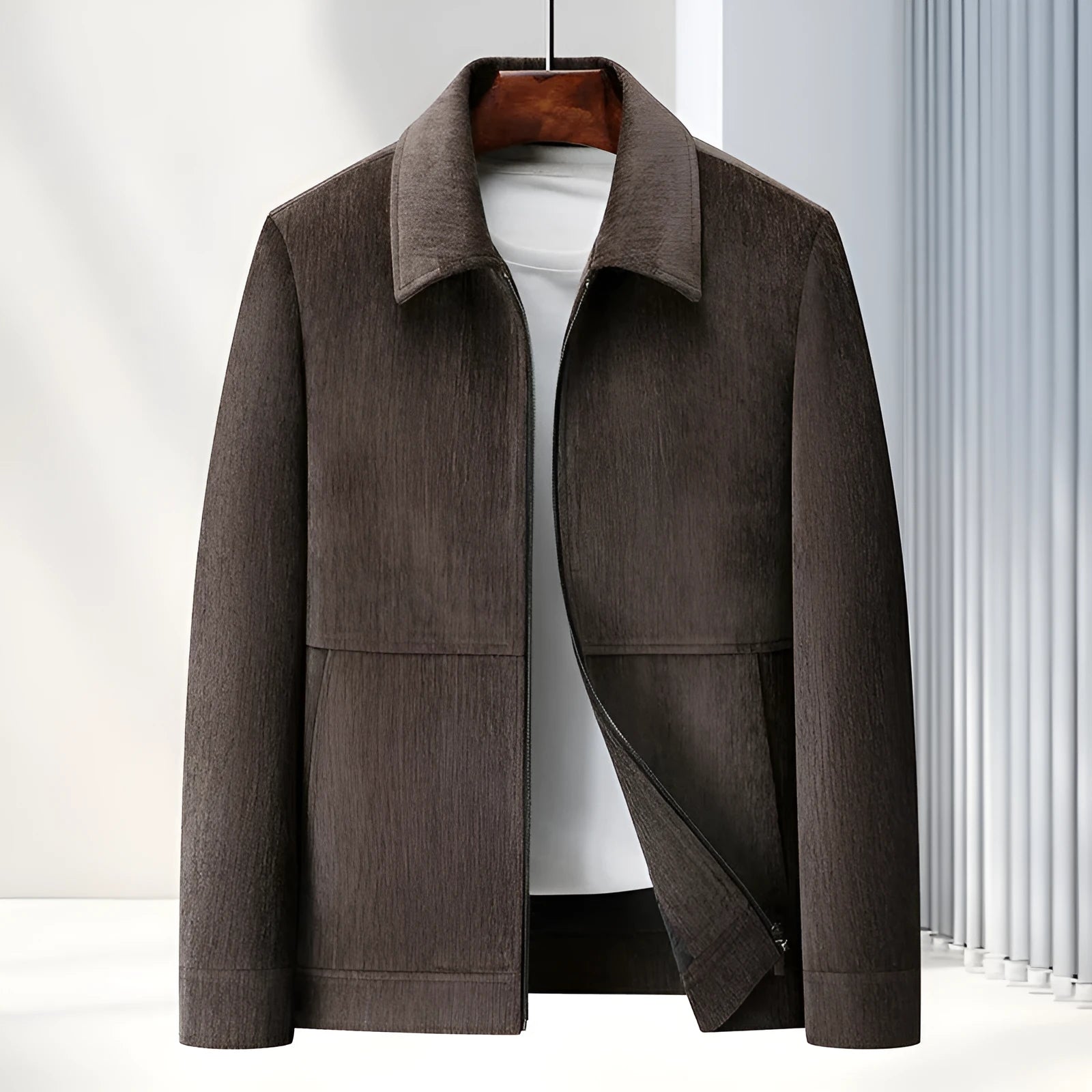 Men's slim fit lapel casual coat in black, shown on a model.