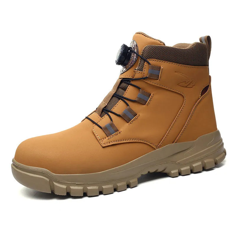 A pair of lightweight black leather work safety shoes with a rubber sole on a grey background.