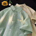 Blue and green striped plus size casual shirt with half sleeves and loose fit cardigan style