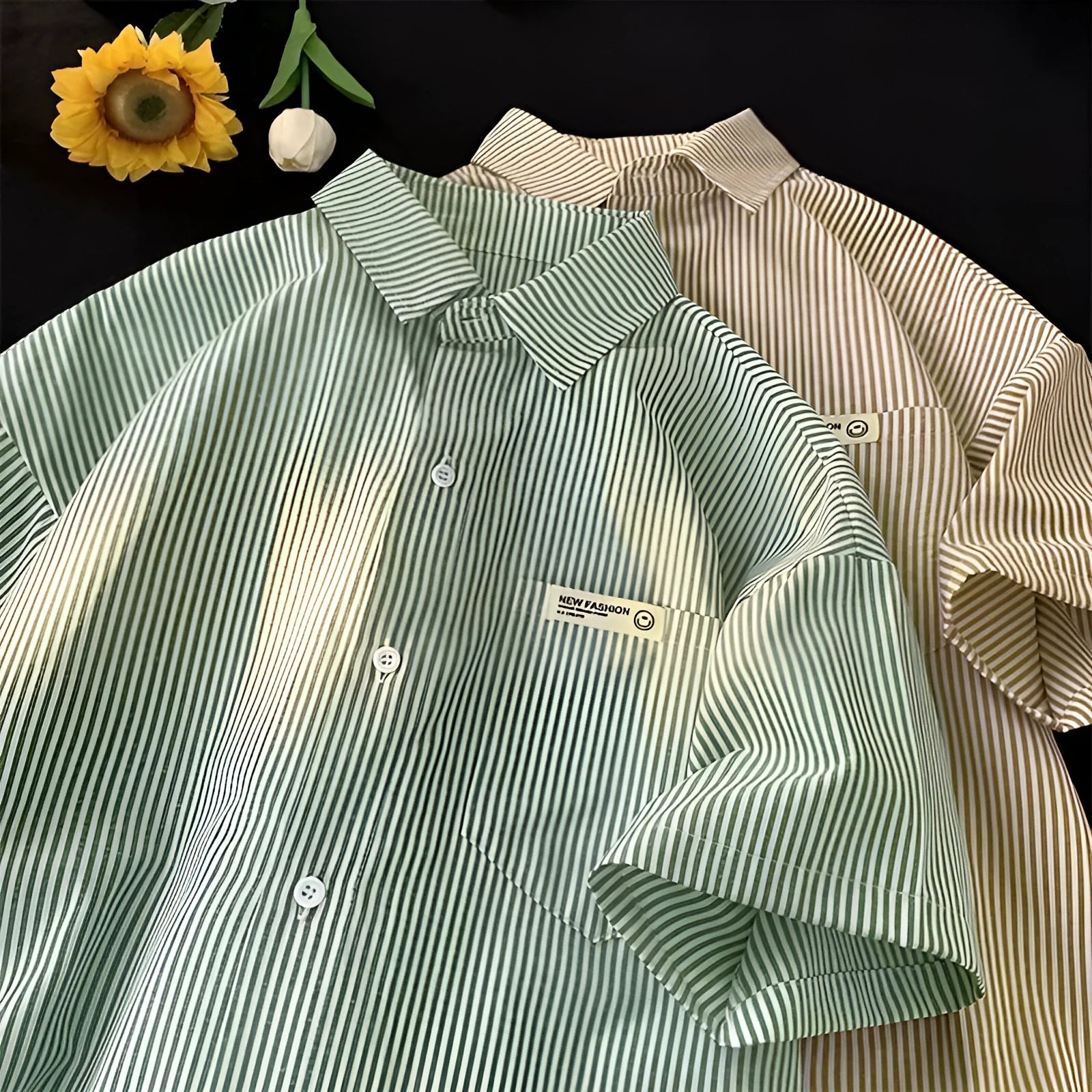 Blue and green striped plus size casual shirt with half sleeves and loose fit cardigan style