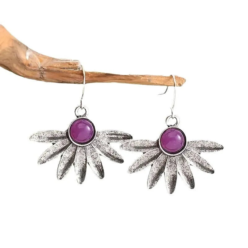 Purple resin gemstone earrings with animal zodiac design in bohemian style