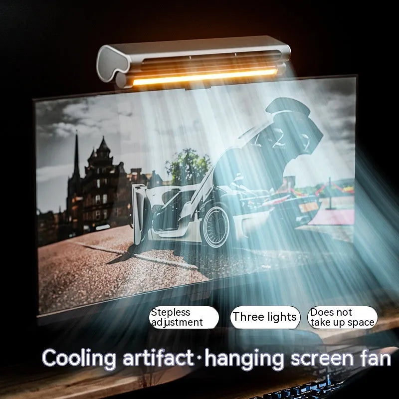 Black bladeless USB clip-on fan with integrated lamp attached to a laptop screen.