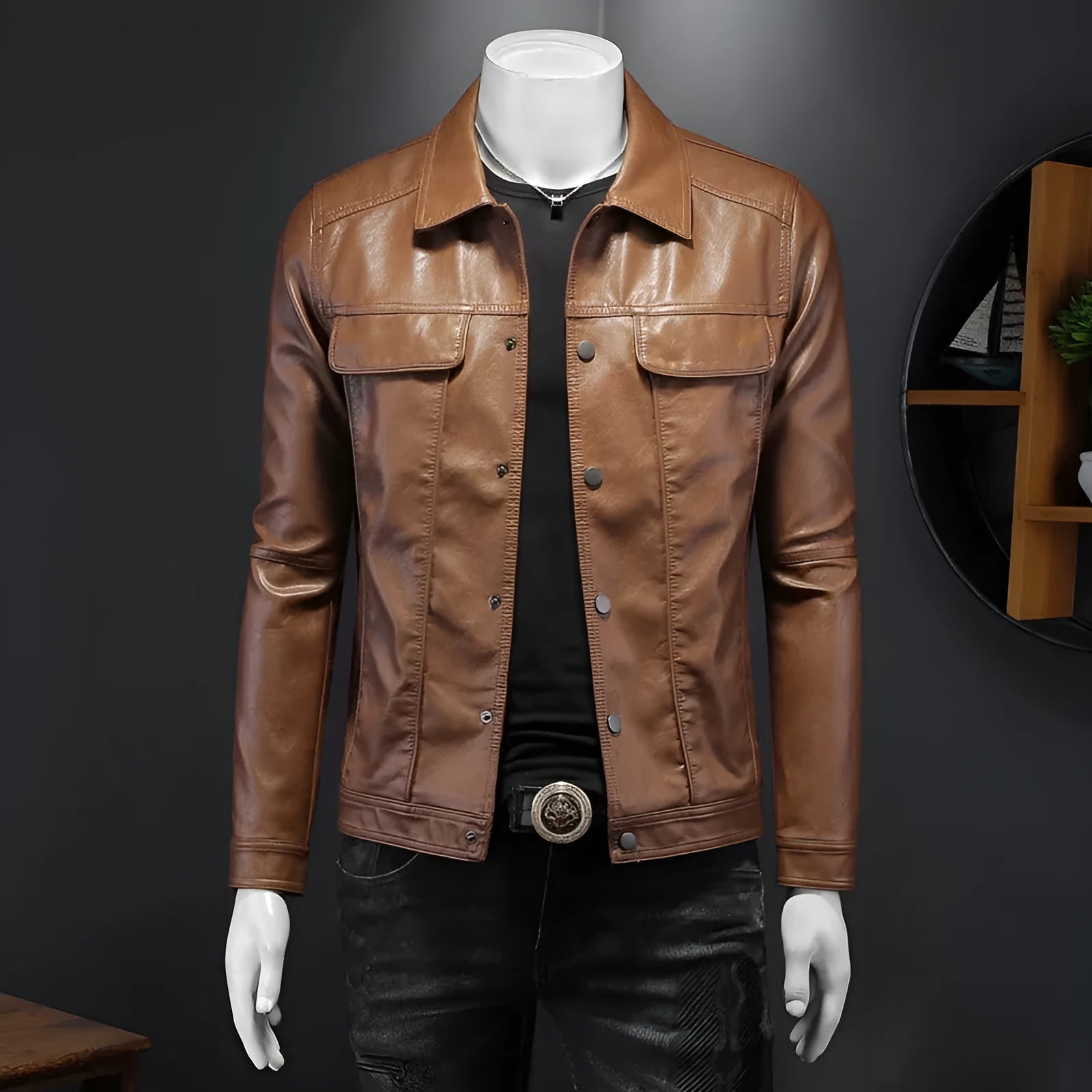 Men's long-sleeved lapel motorcycle PU leather coat in black, regular fit, bag cover slit pockets