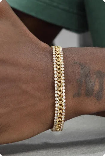 Gold-coloured titanium steel tennis bracelet with stone inlay for men and women.