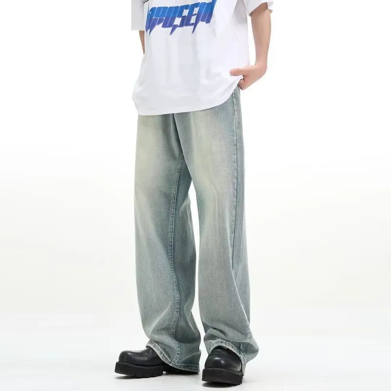Blue retro-style loose trousers made from rabbit fur, showing a casual fit.
