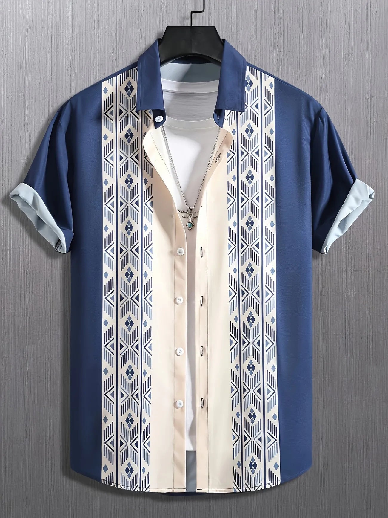 Men's loose fit plaid cardigan shirt with lapel collar and short sleeves in polyester elastic fabric