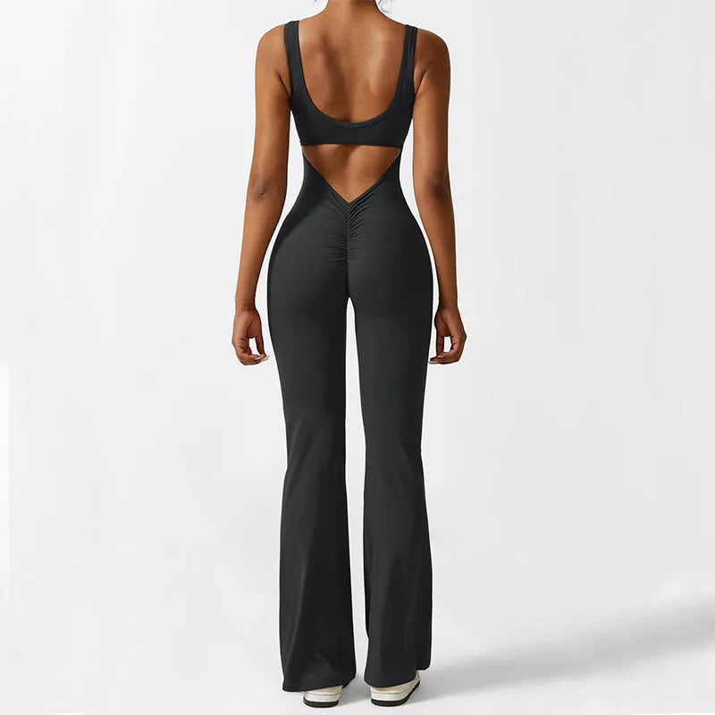 Women's sleeveless flare jumpsuit for yoga and fitness in high-elasticity polyester, shown in various colours.