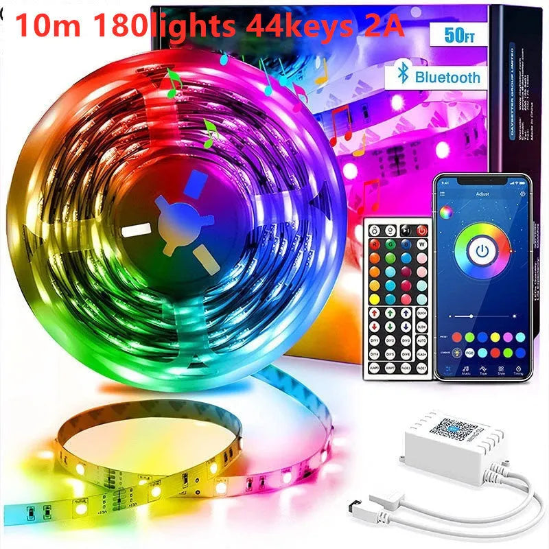 Bluetooth-controlled RGB LED light strip with remote, showing 5050 LEDs and waterproof epoxy coating option.