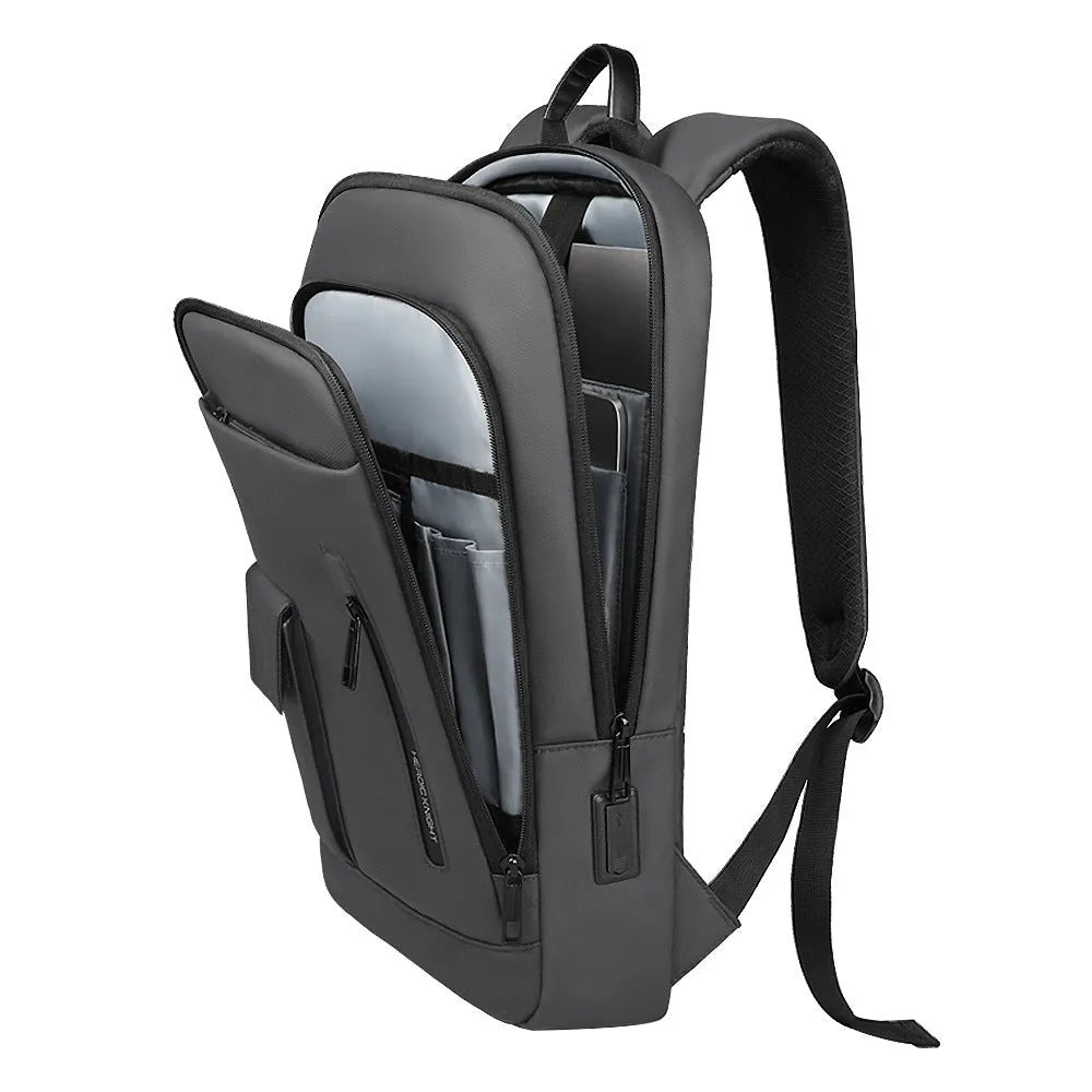 Lightweight Oxford cloth men's backpack in dark grey with sewing line details, shown from the side.