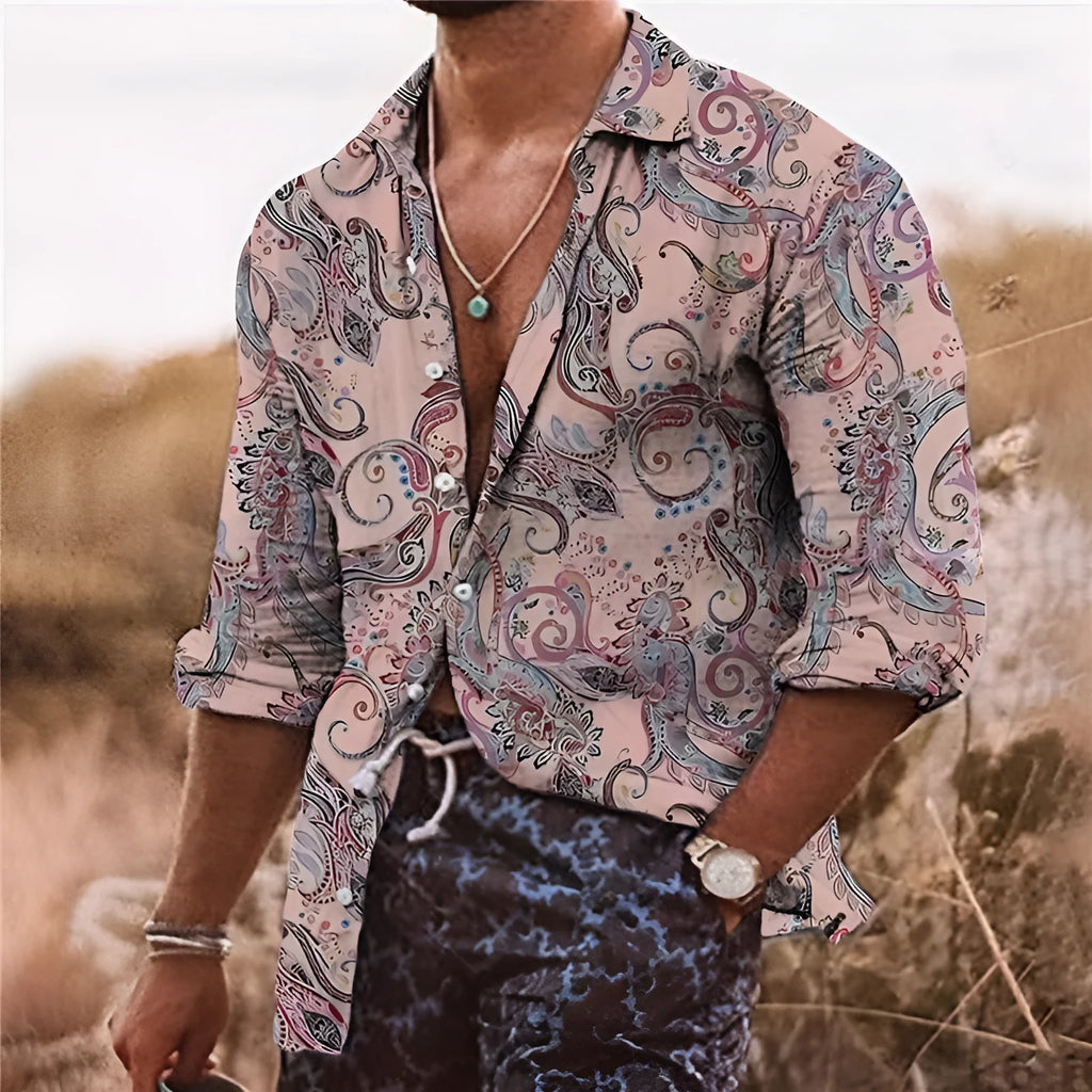 Man wearing a loose fit men's shirt with a detailed 3D floral pattern print on polyester fabric.