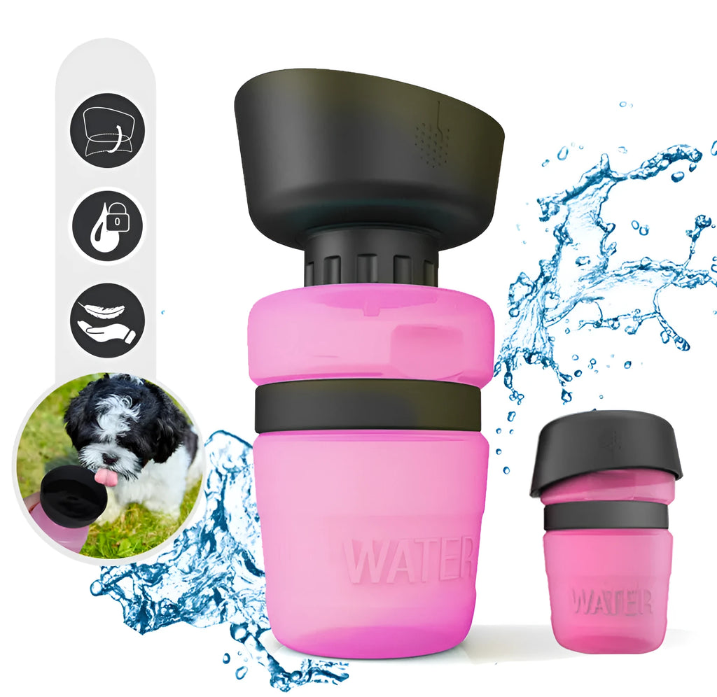 Blue dog travel portable water bottle 520ml pet cup with transparent body on white background