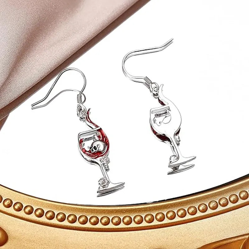 Geometric skull and wine glass design women's earrings in metallic finish