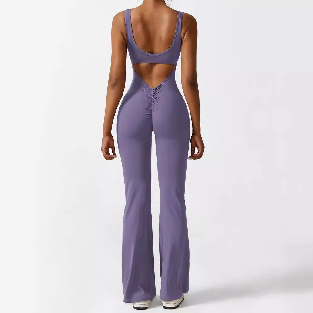 Women's sleeveless flare jumpsuit for yoga and fitness in high-elasticity polyester, shown in various colours.