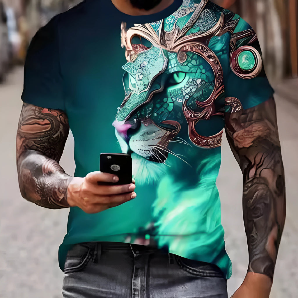 Men's grey T-shirt with a bold red 3D lion print on the chest.