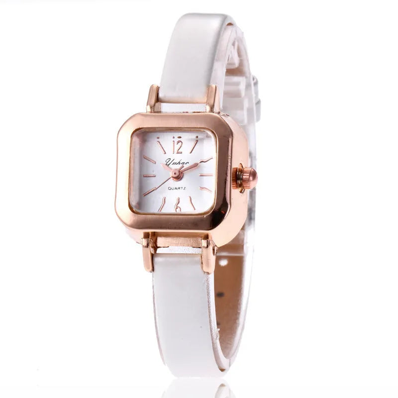 Women's retro fashion watch with 10mm alloy case in black, white, pink, or brown.