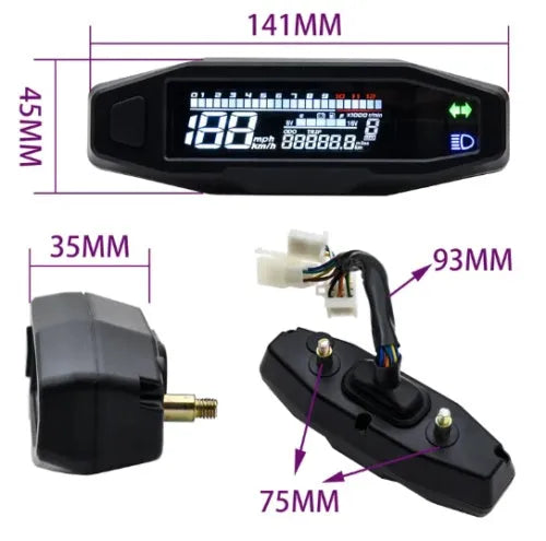 Black mini motorcycle LCD speedometer and oil gauge with white backlight display