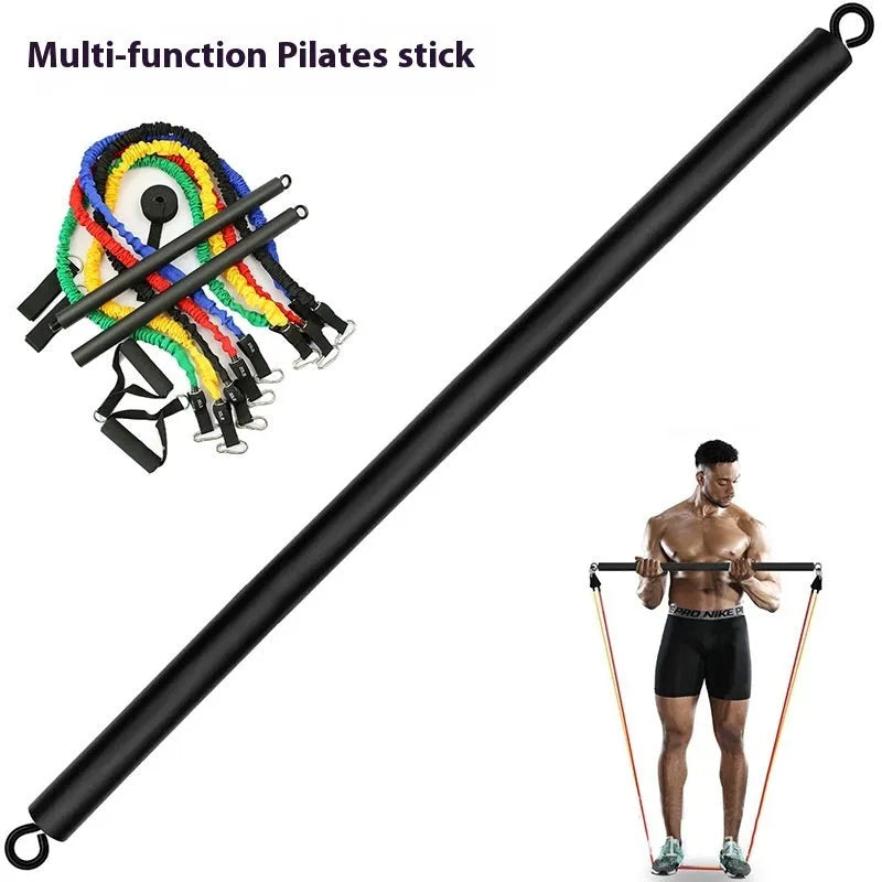 Push-and-pull rod fitness stick with rope resistance system showing two-segment construction