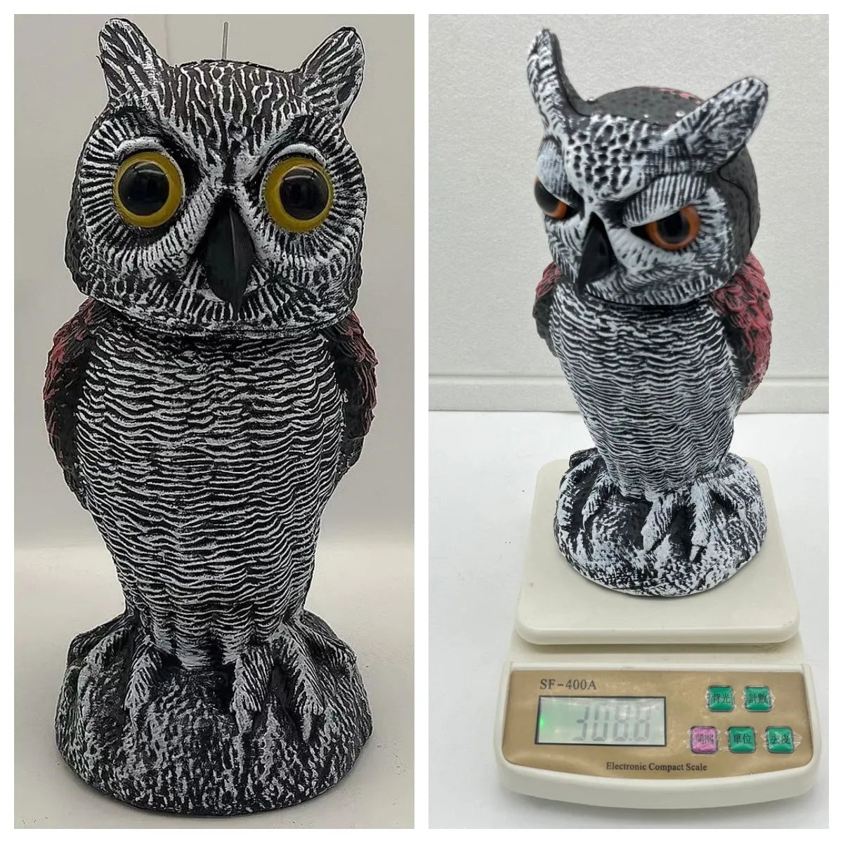 A detailed artificial owl bird scare ornament with a shaking head, shown in a garden setting.