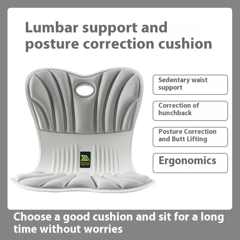 Grey ergonomic waist support cushion on office chair for posture correction