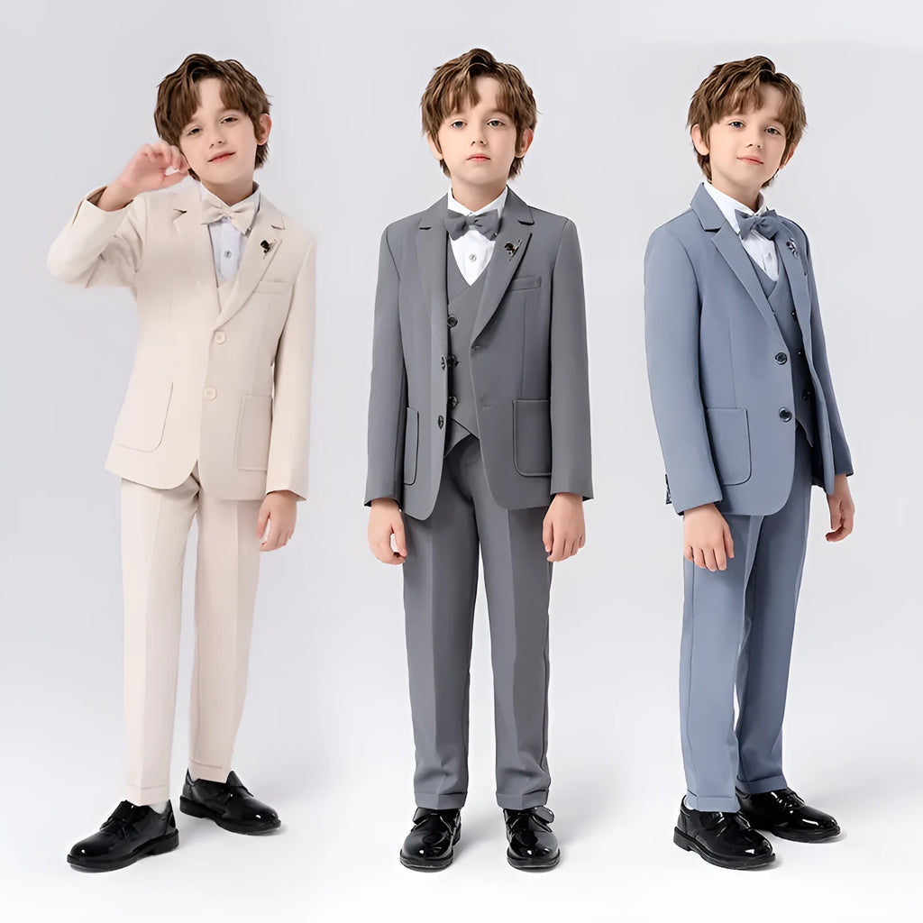 Boys' 5-piece suit set in beige, blue, or grey with coat, trousers, bow tie, vest, and brooch.