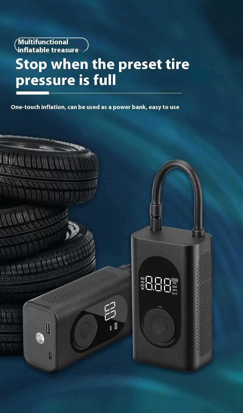 Mini wireless handheld tire inflator with ABS PC body, power bank and flashlight, 198 x 75 x 52 mm