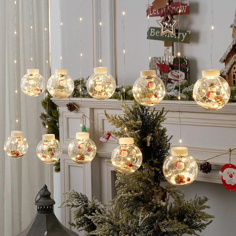10-piece LED Christmas curtain light set with snowman and Christmas tree wishing ball designs for window decoration