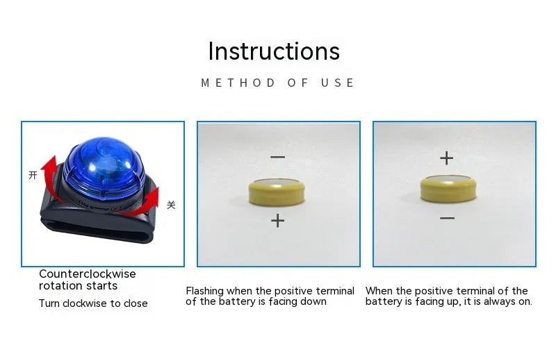 Plastic night anti loss dog walking light in blue attached to a dog collar for evening safety