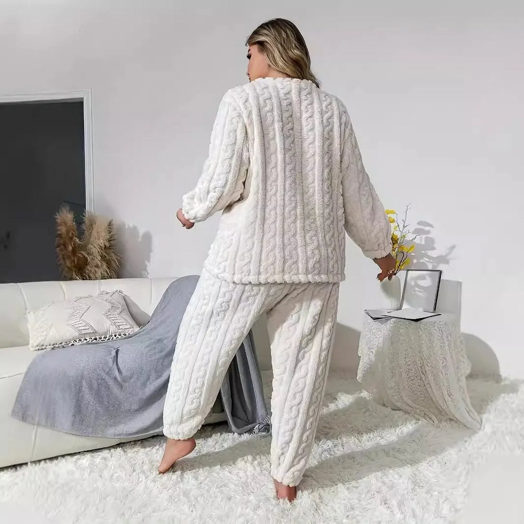 Creamy white women's plush polyester lounge set with crew neck top and matching trousers