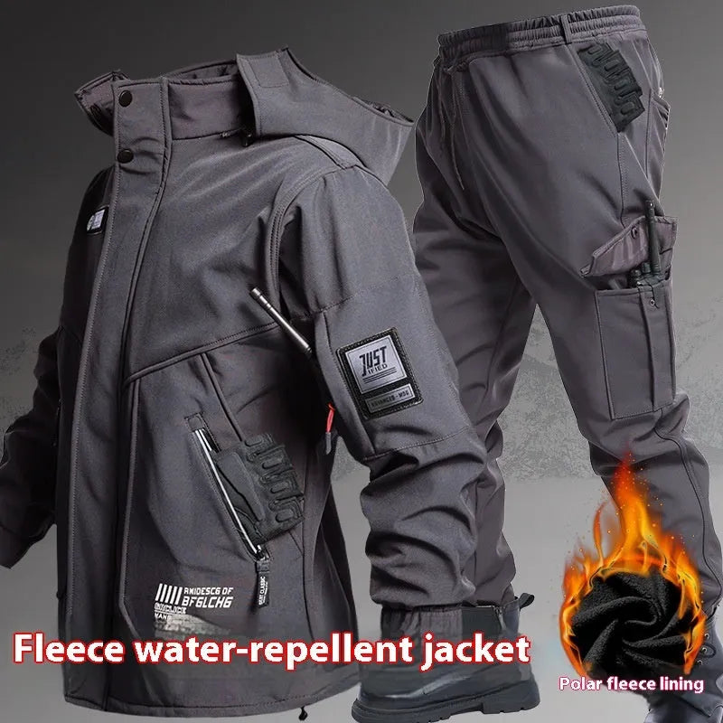 Fleece-lined waterproof jacket suit two-piece set in Black, Army Green, and Gray, sizes 165-190, for men and women