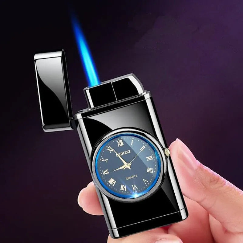 Multifunctional electronic watch and gas lighter with LED lamp in metal casing, shown in various brushed and textured finishes.