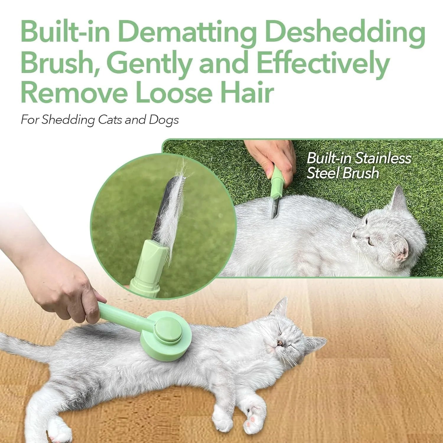 Green and yellow pet grooming brush with stainless steel teeth for deshedding cats and dogs