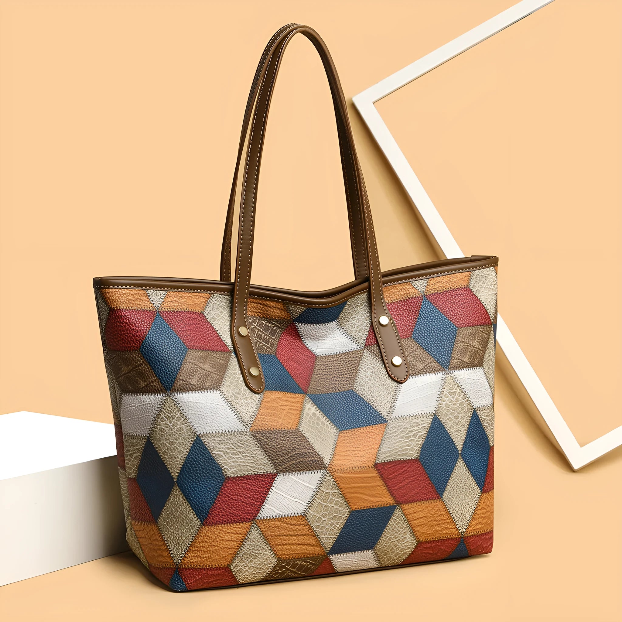Women's large capacity PVC handbag in blue brown colour with sandwich pocket outer design