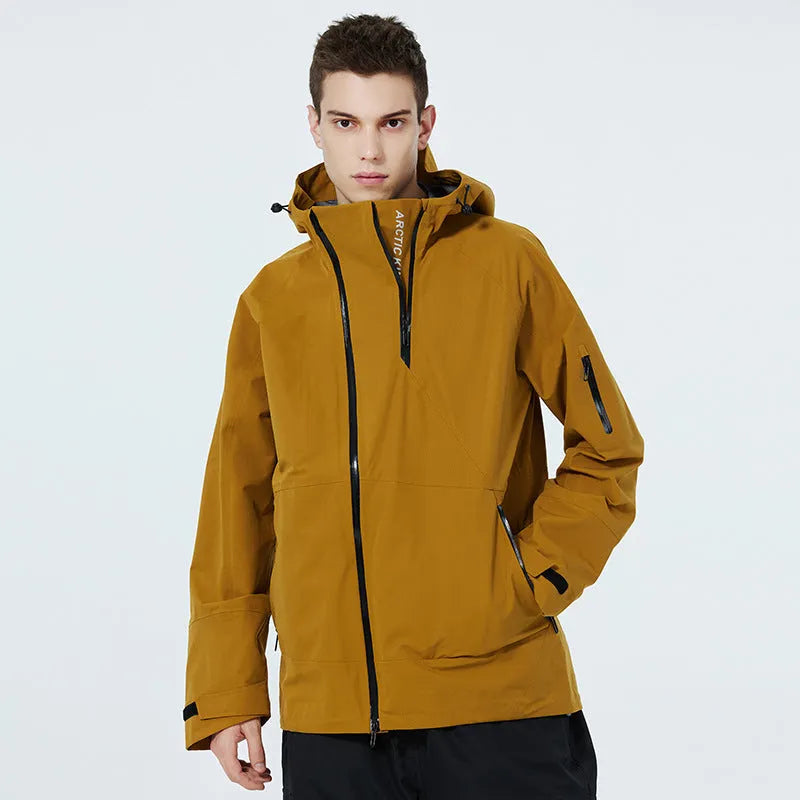 Unisex windproof waterproof ski suit in yellow, black, grey, or liner, sizes XS to XL.