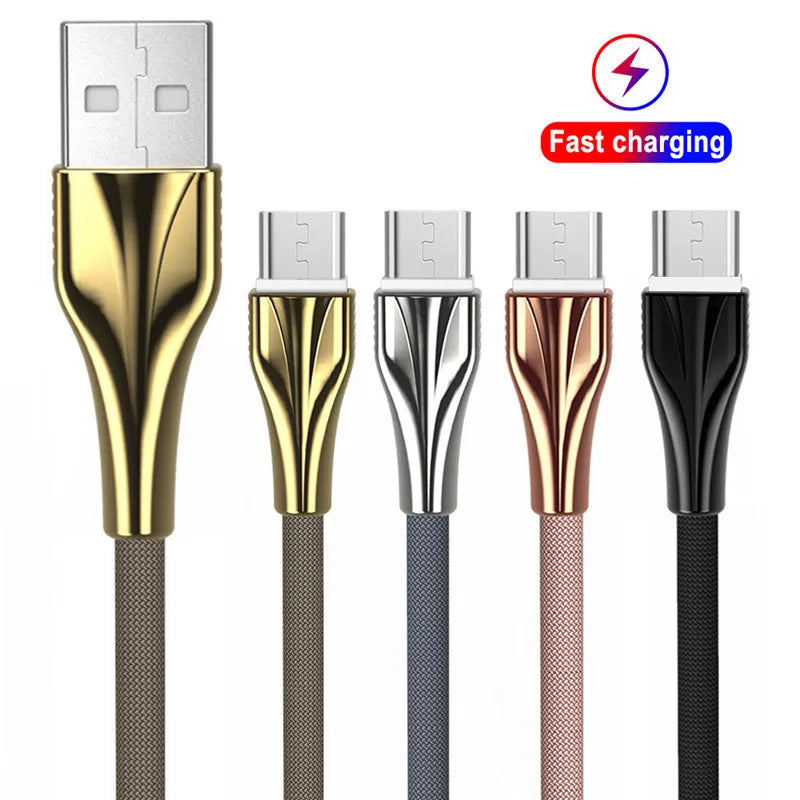 Aluminum alloy braided mobile phone data cable with three interfaces in black, silver, gold, rose gold, 1m length