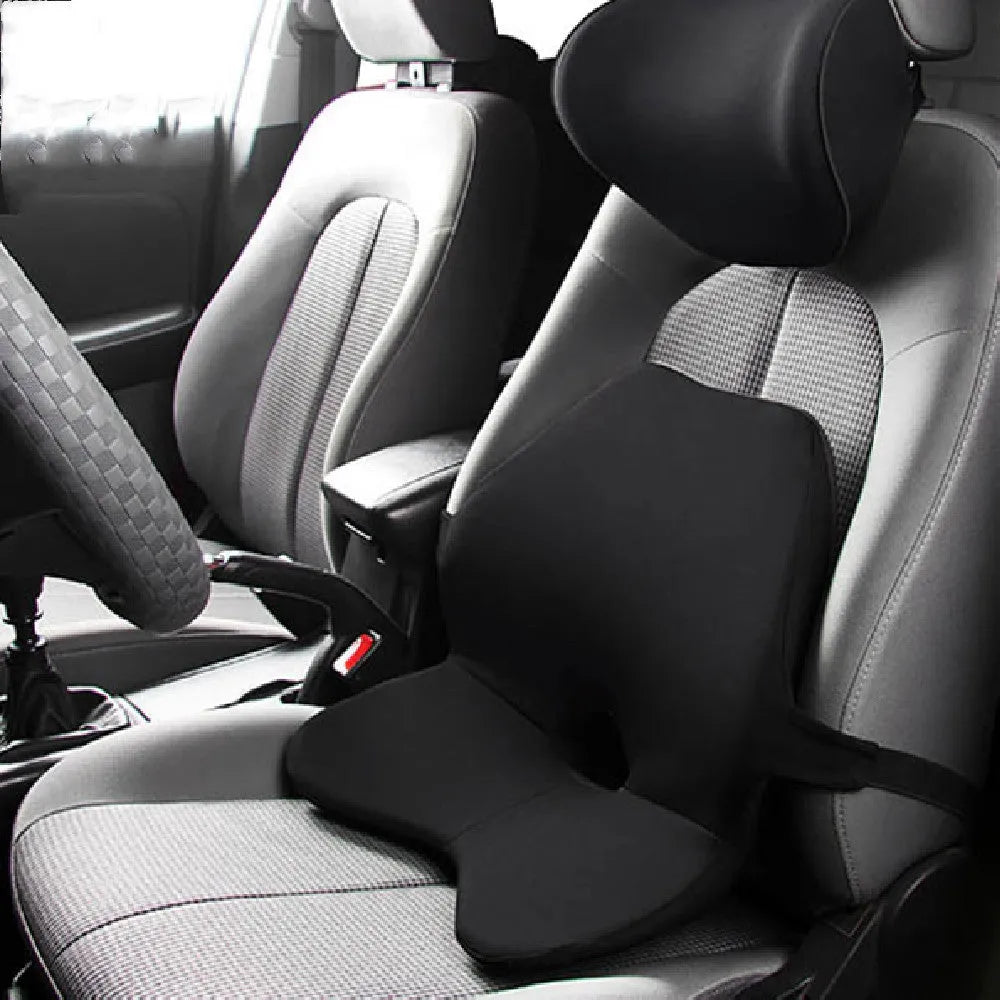 Car waist cushion with memory cotton filling for lumbar support, shown in beige colour