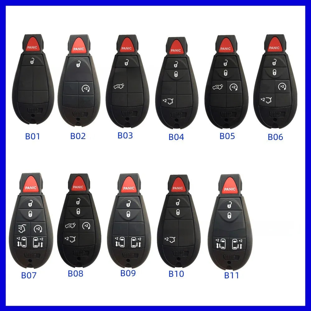Dodge Chrysler smart card key replacement shell with ABS brass construction showing 85x42x15mm dimensions