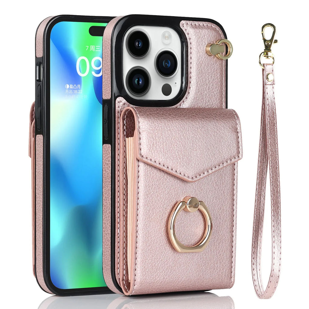 PU leather iPhone case with card slot and folding stand in black, mint green, milky white, red or rose gold