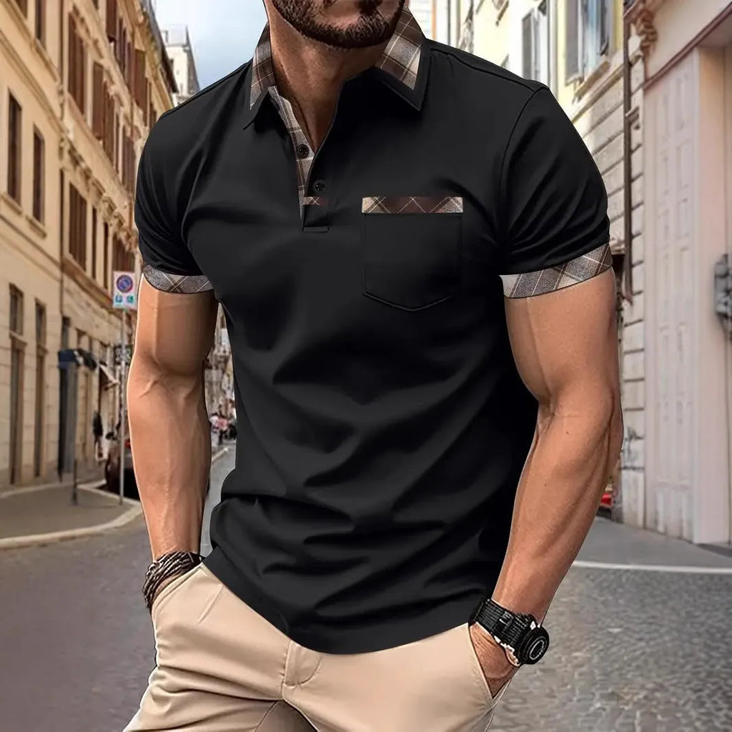 Man wearing a men's short sleeve plaid colourblock T-shirt in a solid colour.