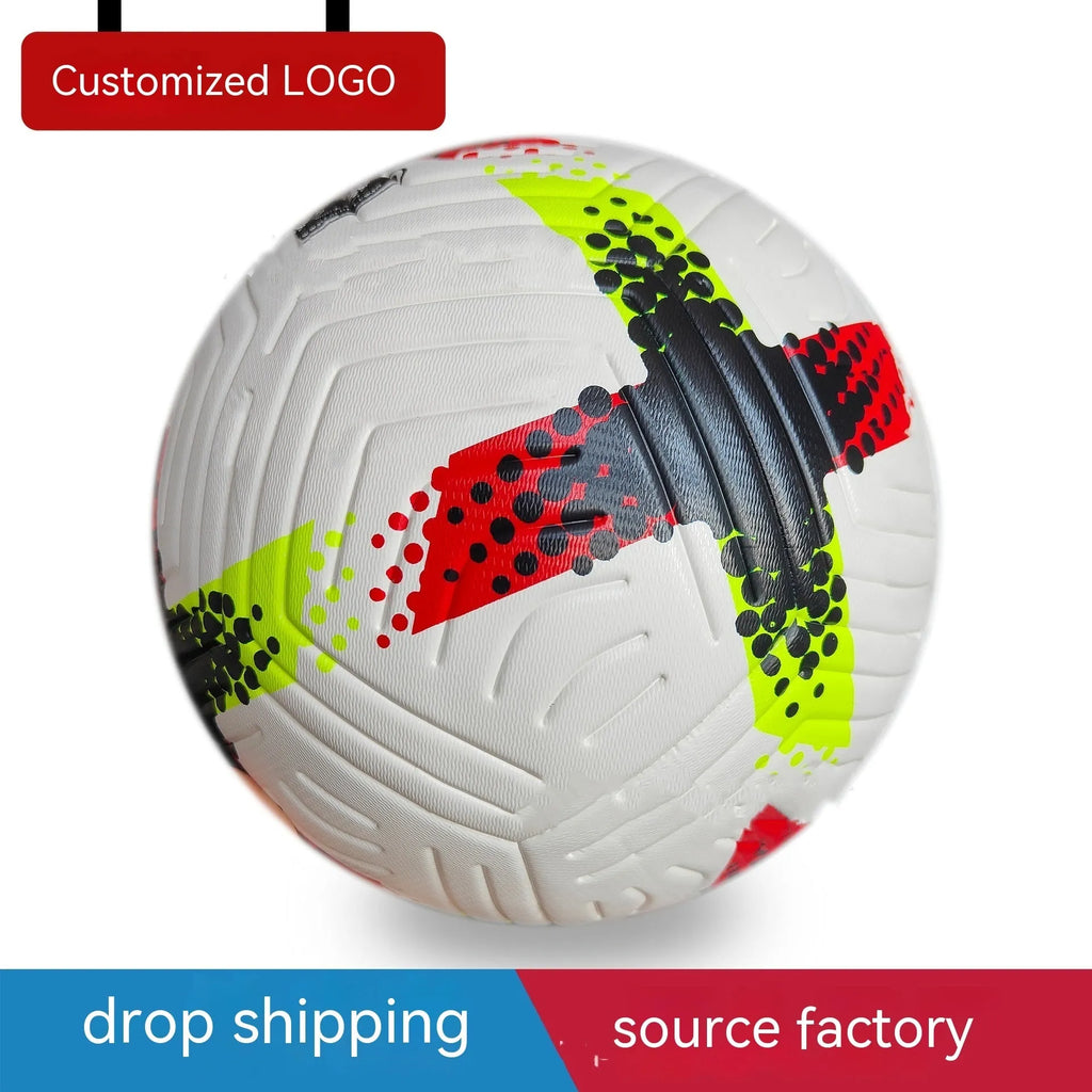 Fluorescent green official Size 5 football with seamless thermal adhesive patch PU construction on a training pitch.
