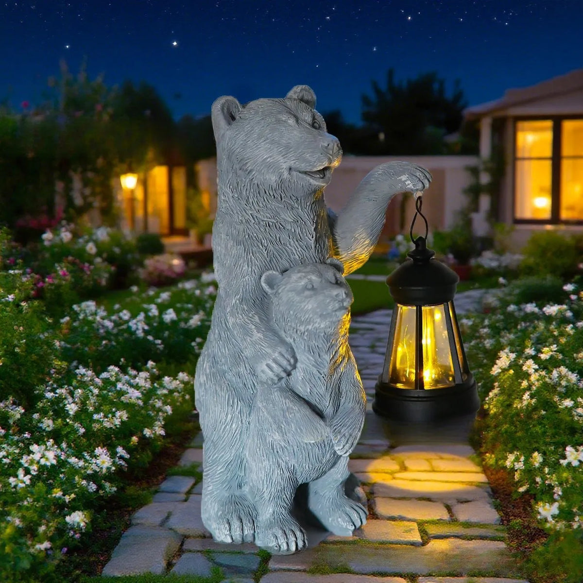 Resin black bear mother and child lantern ornament on a wooden shelf