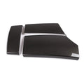 Set of three black ABS car armrest box protective covers with a diagonal carbon fibre weave pattern and shiny finish.