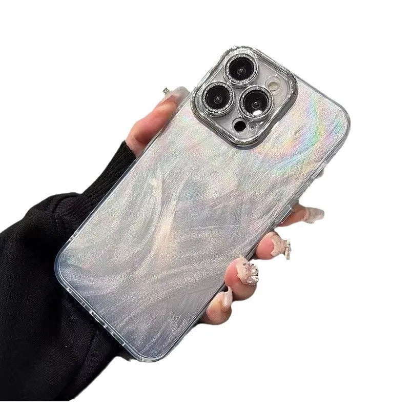 Silver Yarn simple phone case with glitter lens protector for Apple iPhone 13, shockproof IMD material, cartoon style