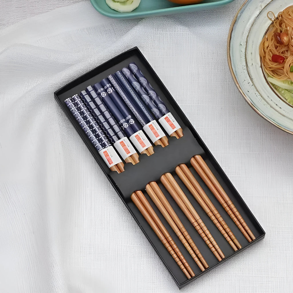 Five pairs of bamboo chopsticks with Japanese cartoon patterns in lucky cat or pond blue designs
