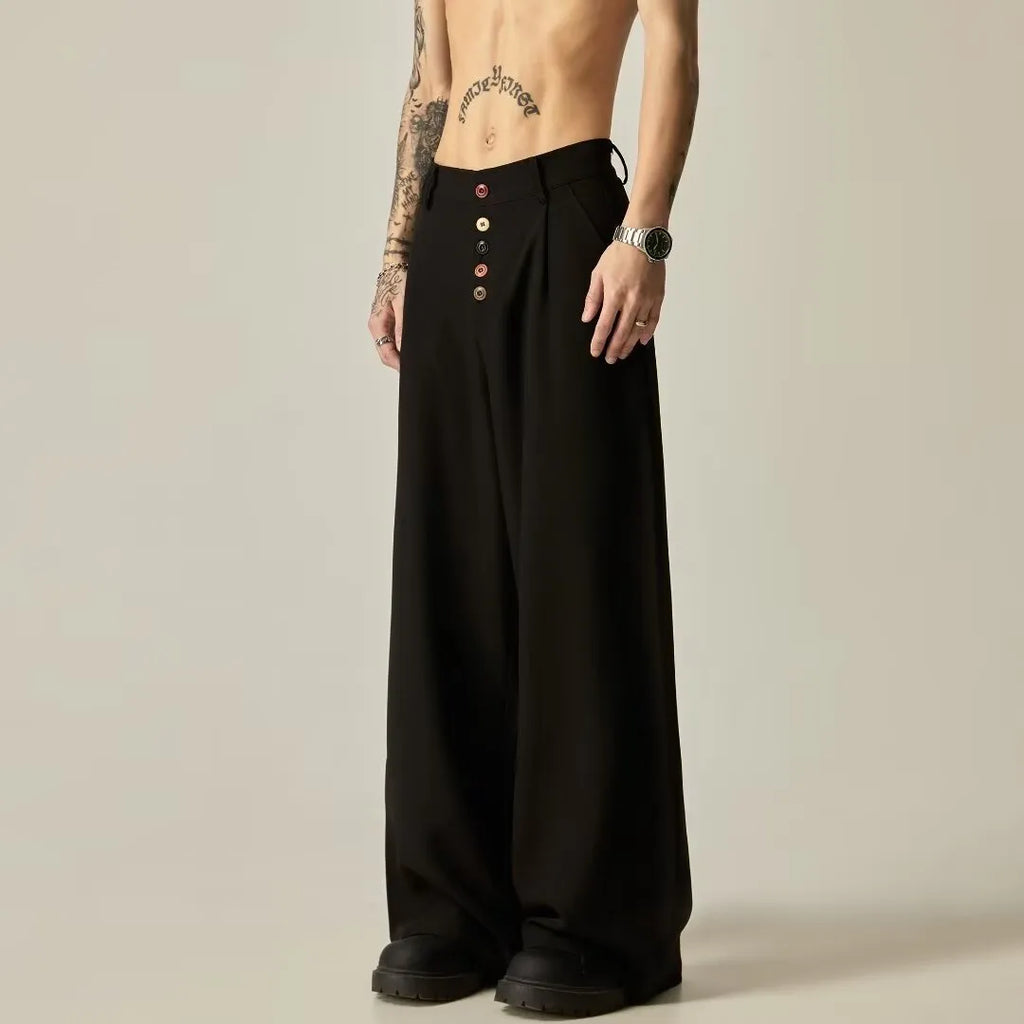 Men's solid black wide-leg casual trousers with a straight-leg cut and elasticised waist.