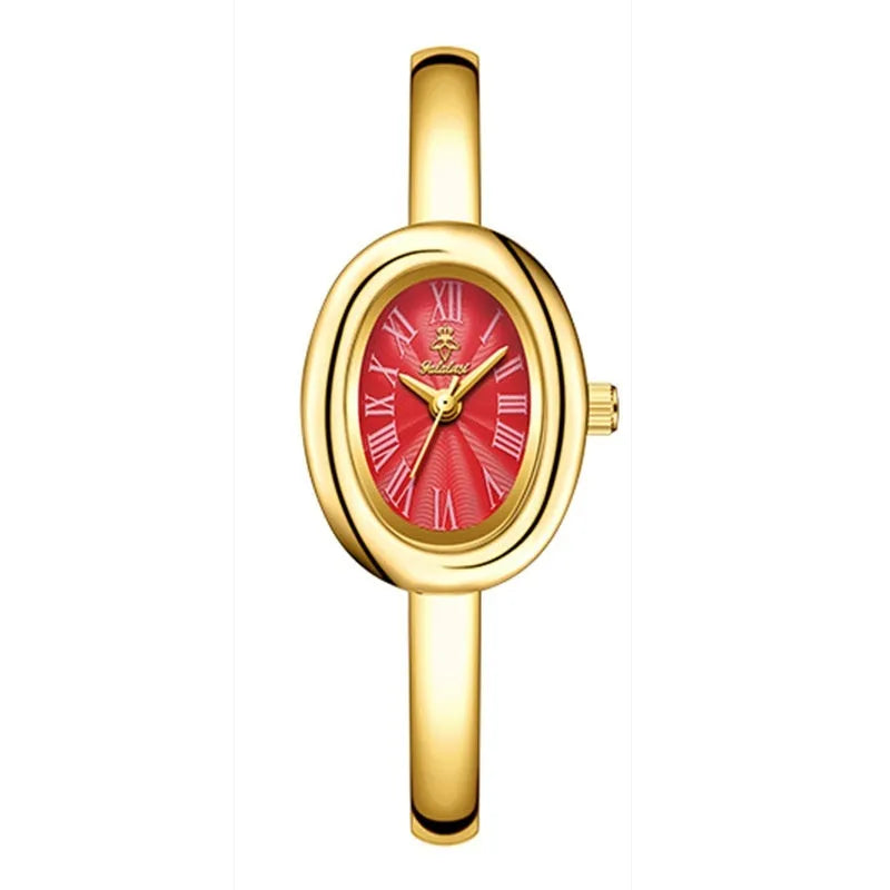 Women's retro oval quartz watch with 8mm thickness in gold colour variant