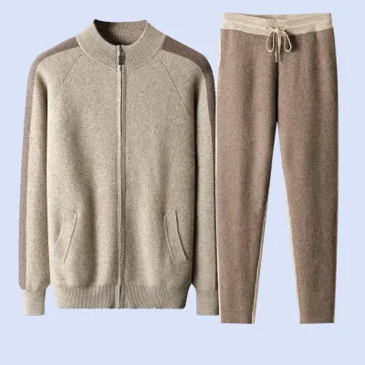 Men's navy blue cashmere wool blend half turtleneck zippered cardigan and matching trousers set.