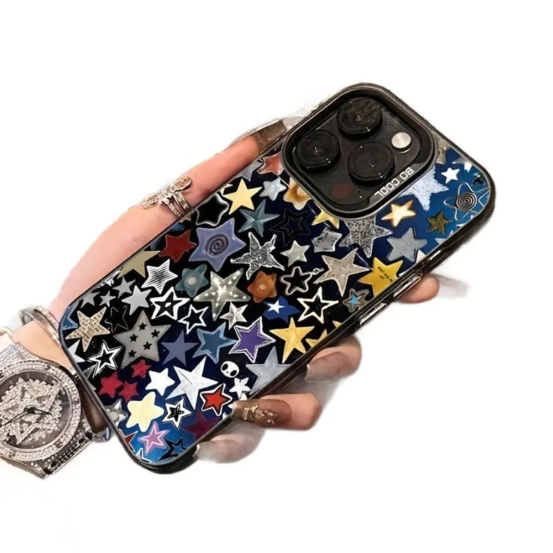 Black PC hard phone case for iPhone with five-pointed star laser design, anti-fingerprint coating